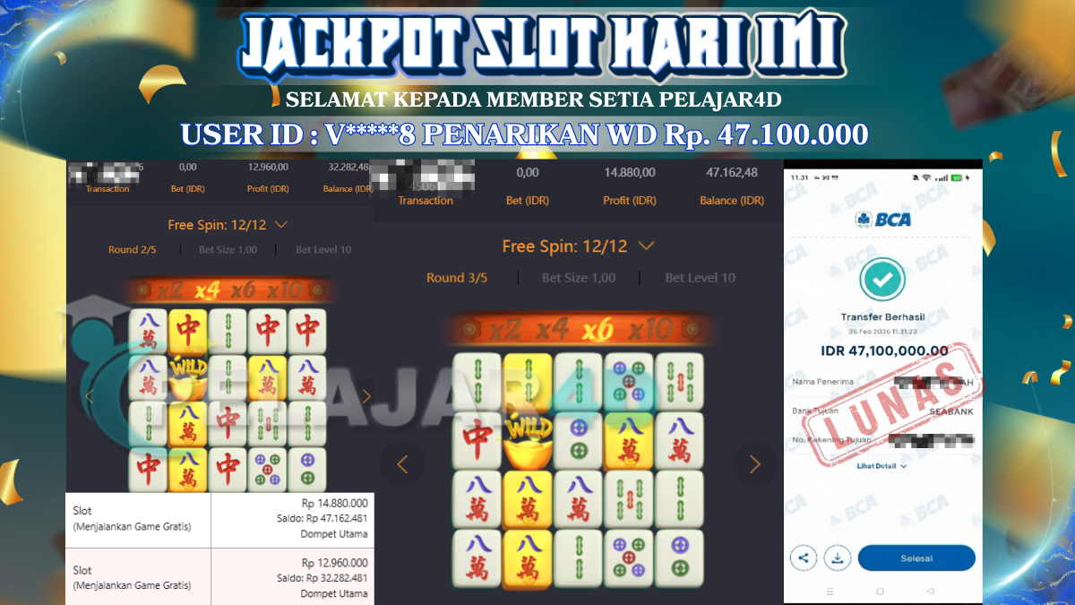 Jackpot Hari ini Di Slot Pg Soft Game Mahjong Ways Rp 47.100.000