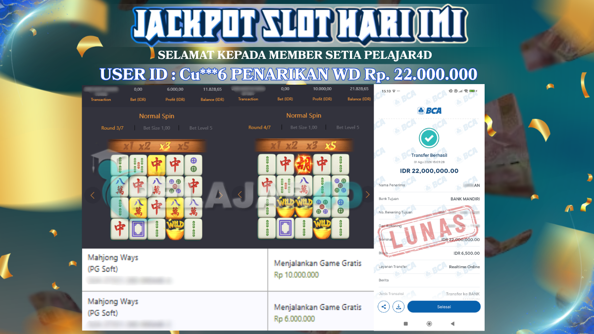 Jackpot Hari ini Di Slot Provider Pg Soft Di Permainan Mahjong Ways Rp 22.000.000